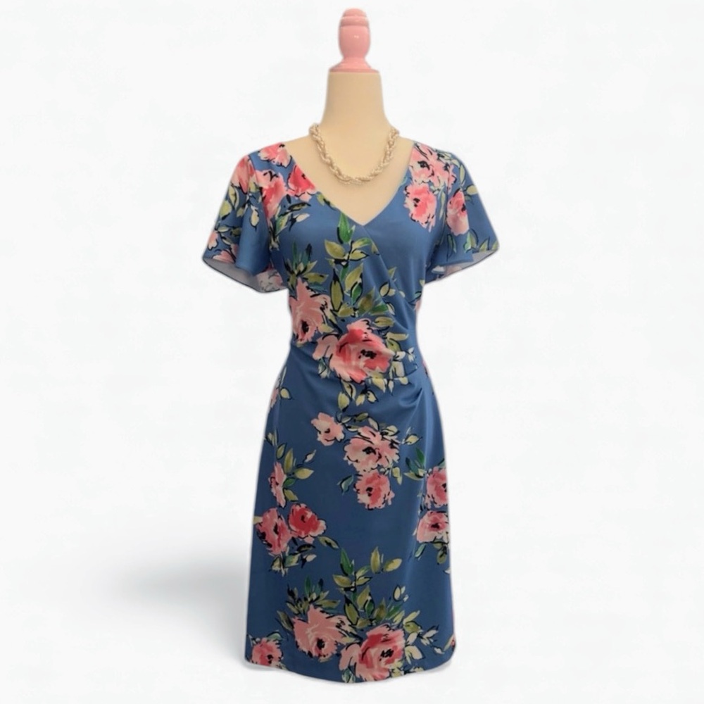 Vintage Jessica Howard Short Sleeve Flutter Sleeve Midi Dress Blue Floral Sz 12